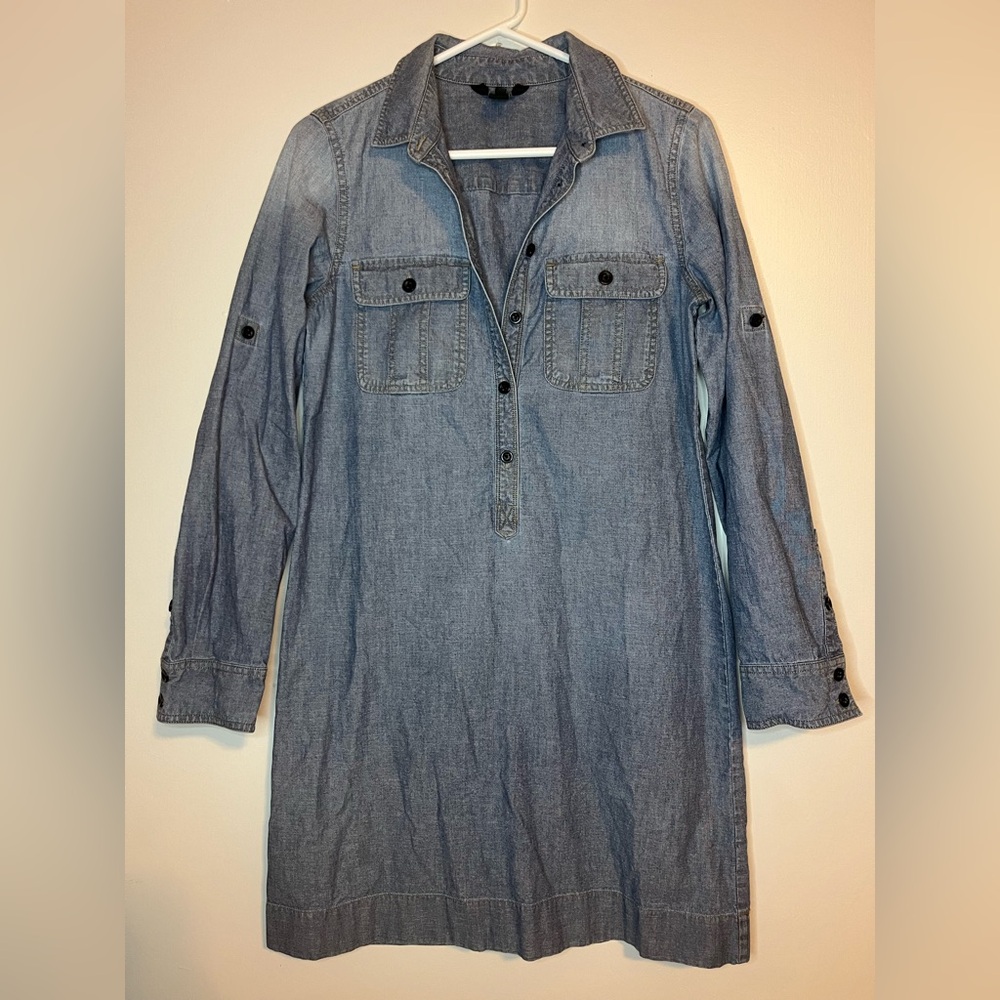 J.Crew Chambray Shirt Dress XS Blue Button Front Utility Style